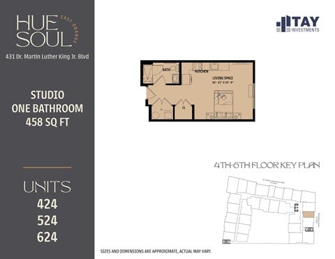 Floor plan for studio, 1 bath, 458 sqft